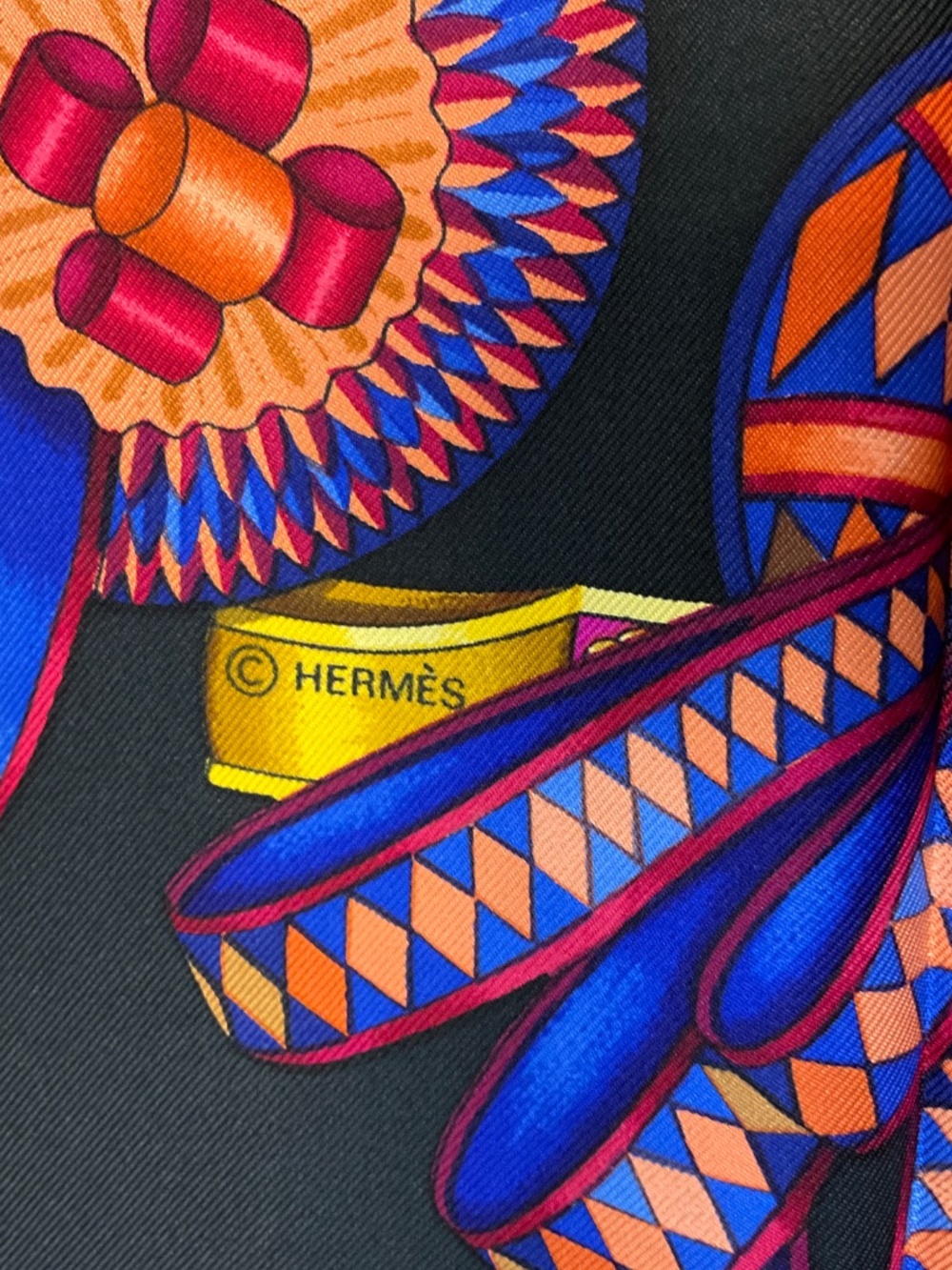 HERMES BLACK MULTI LES RUBANS DU CHEVAL PRINT SQUARE SILK TWILL SCARF - Picture 7 of 8